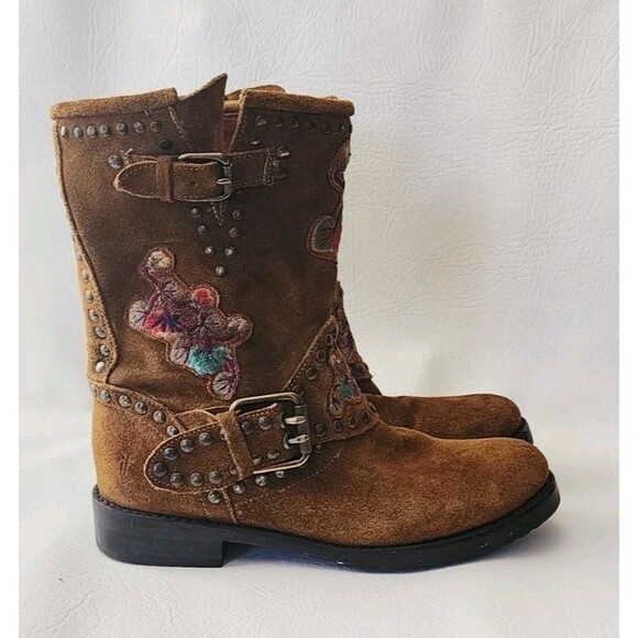 Anthropologie Frye Natalie Studded Embroidered Engineer Boots 7.5 - Picture 2 of 8